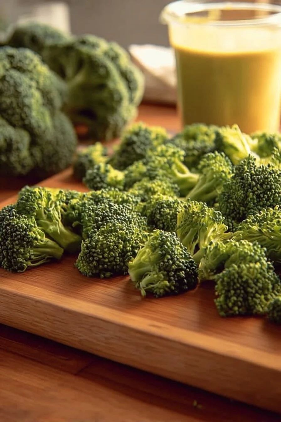 Bowl of creamy Broccoli Cheddar Soup garnished with fresh broccoli and cheese