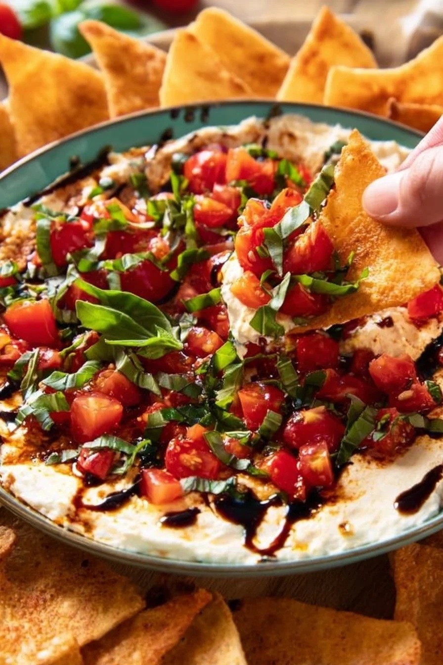 Delicious Bruschetta Dip with tomatoes, basil, and cheese served in a bowl