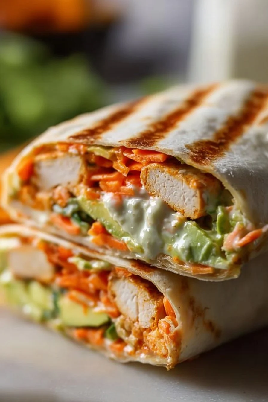 Buffalo Tofu Wrap served with vegan ranch dressing on a plate