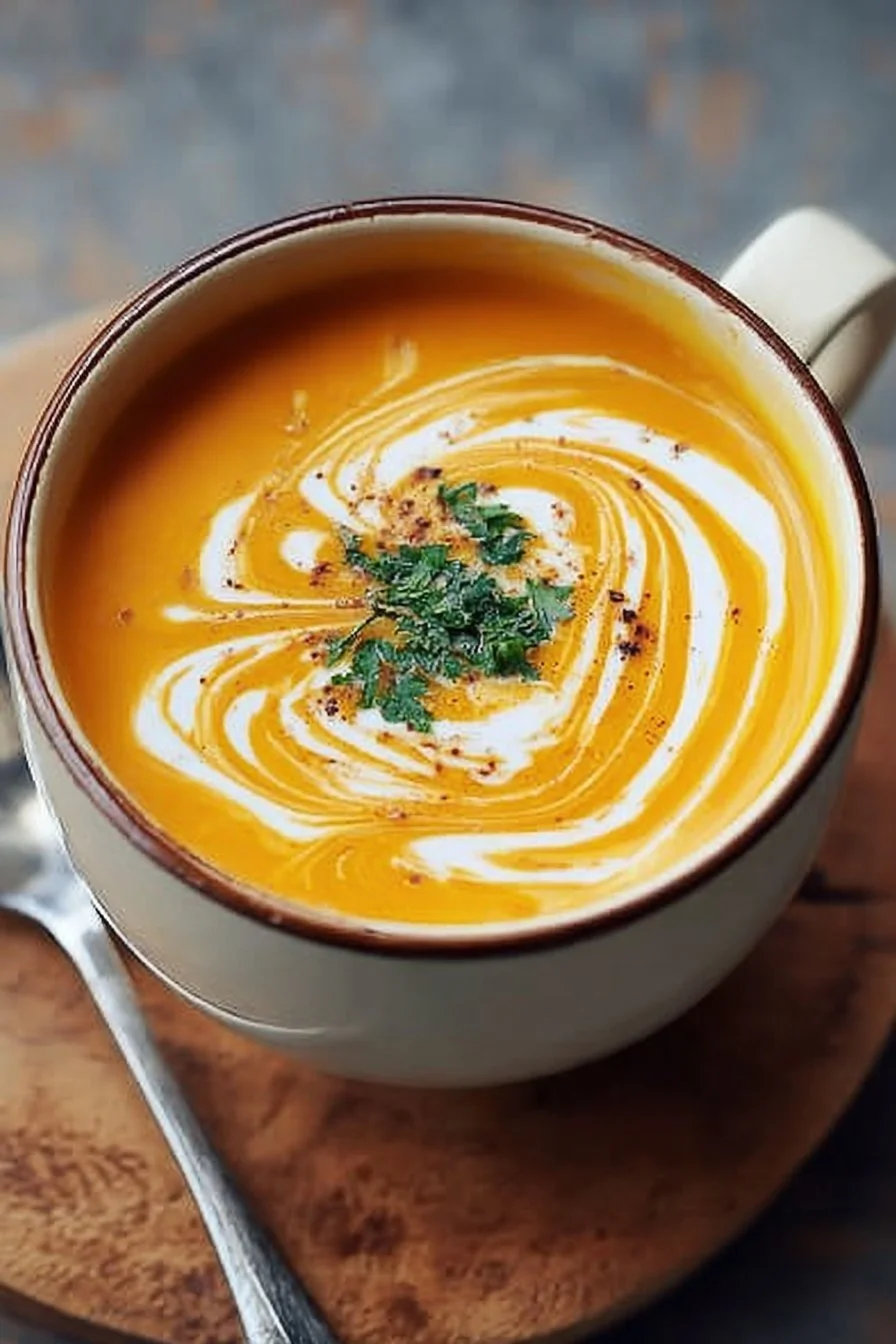 Bowl of homemade butternut squash soup garnished with herbs
