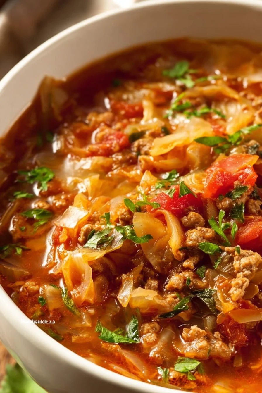 Bowl of hearty Cabbage Roll Soup topped with fresh herbs and spices.