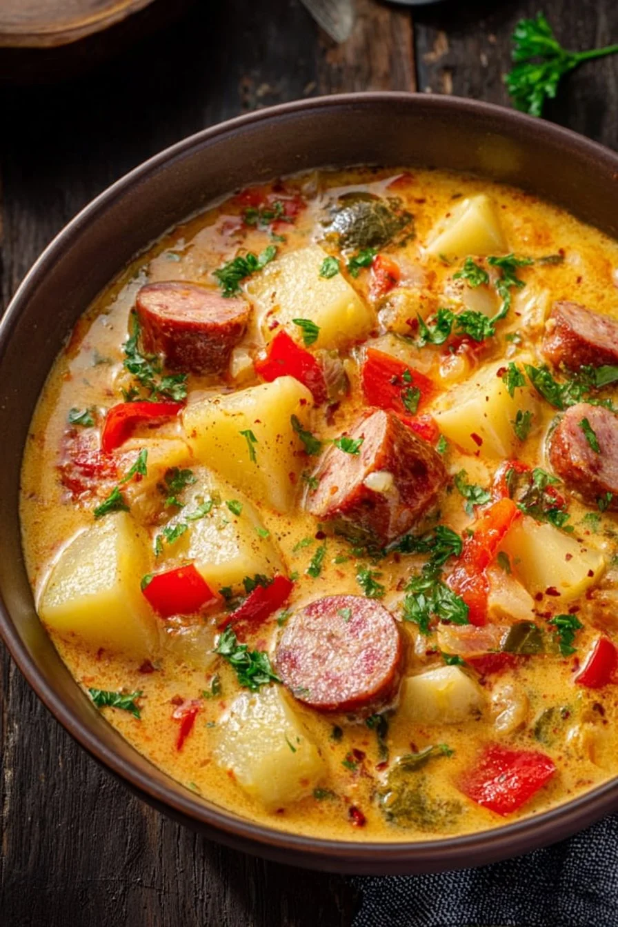 Bowl of hearty Cajun Potato Soup topped with herbs and served hot