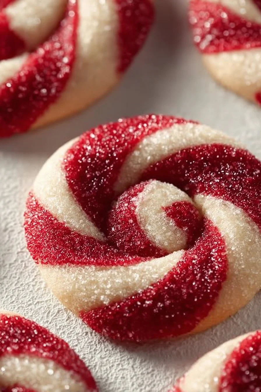 Plate of freshly baked candy cane cookies decorated with red and white stripes