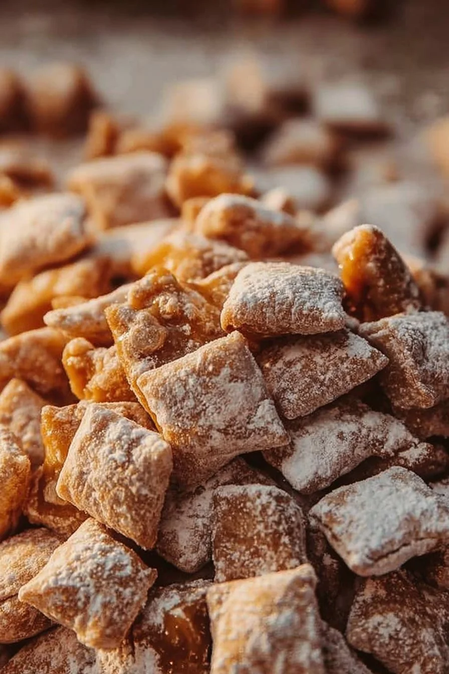 Bowl of caramel apple puppy chow with apples and caramel drizzles