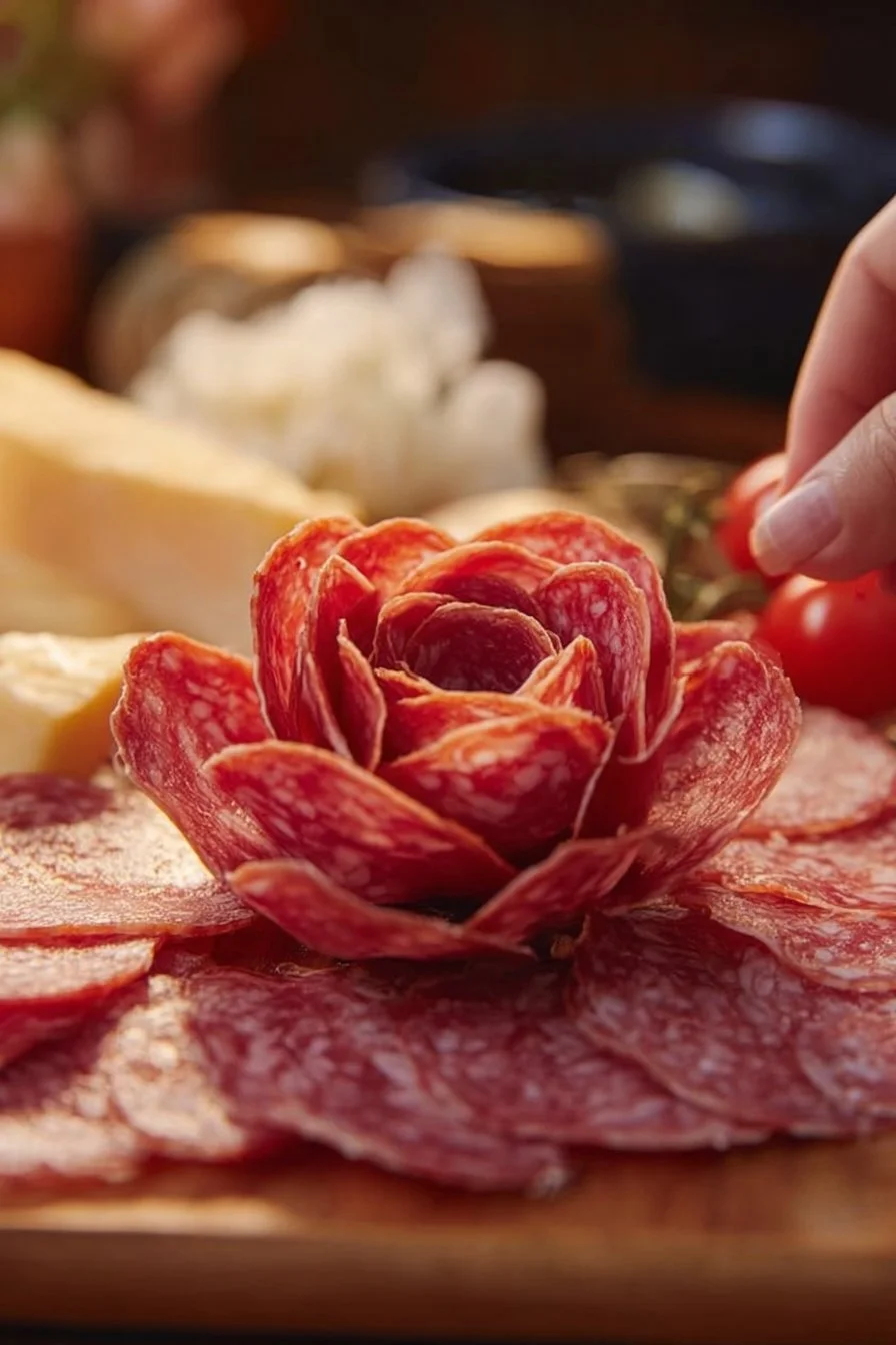 Artfully arranged charcuterie board with cheeses, meats, and fruits.