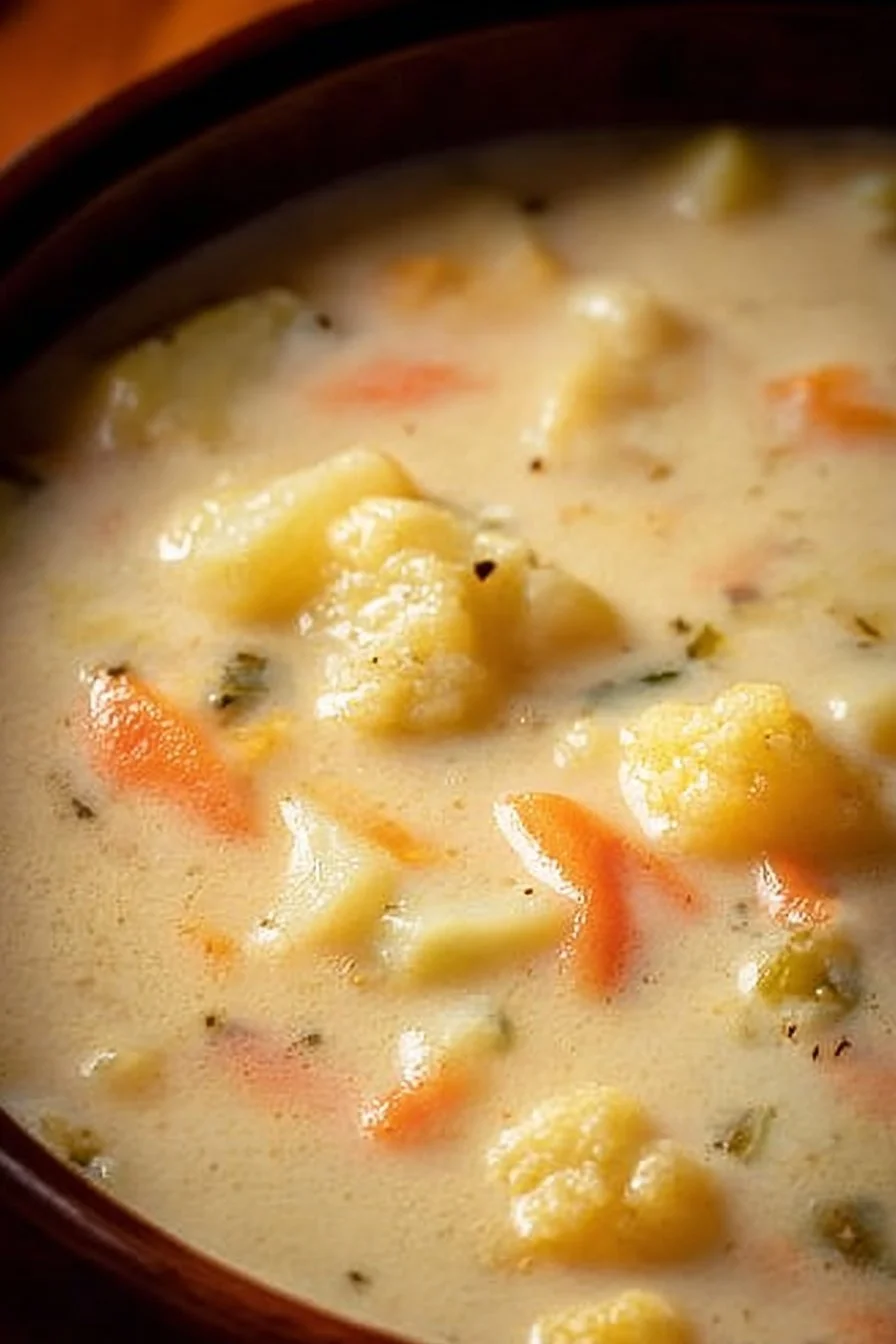 Bowl of cheesy cauliflower soup topped with herbs and cheese.
