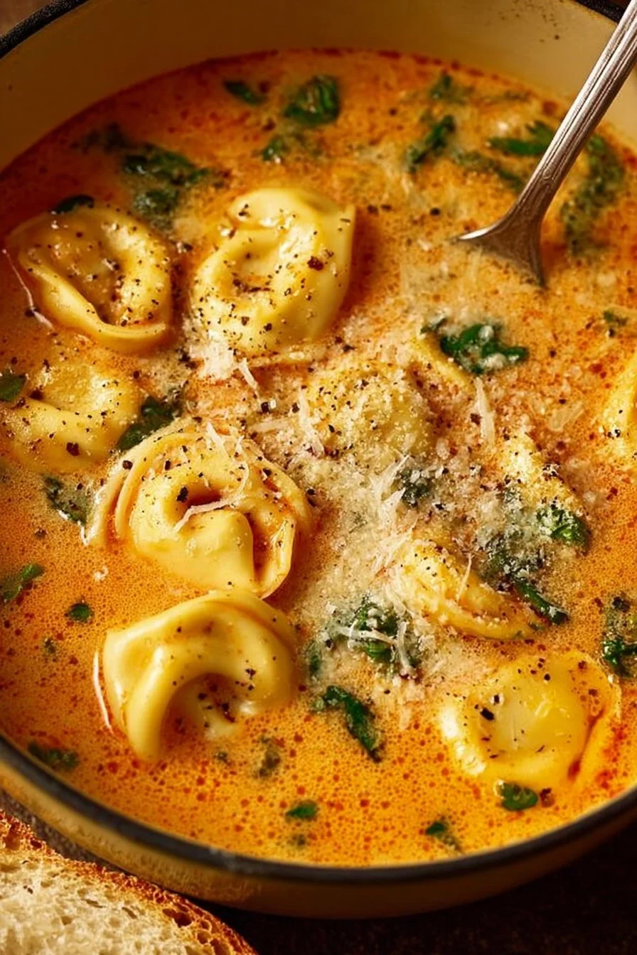 A bowl of creamy cheesy Tomato Tortellini Soup garnished with fresh herbs