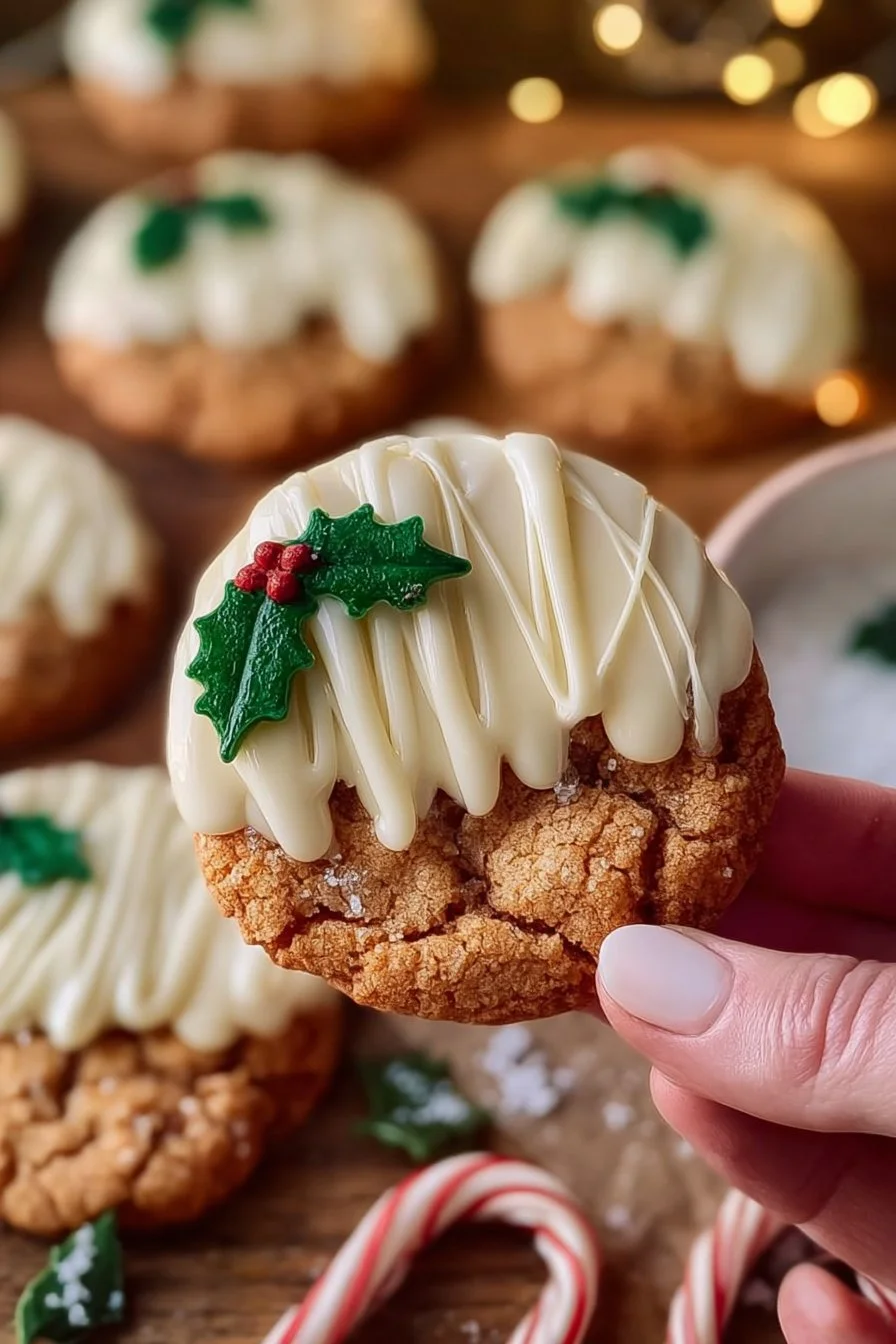Chewy maple cinnamon cookies with white chocolate drizzle on a plate.