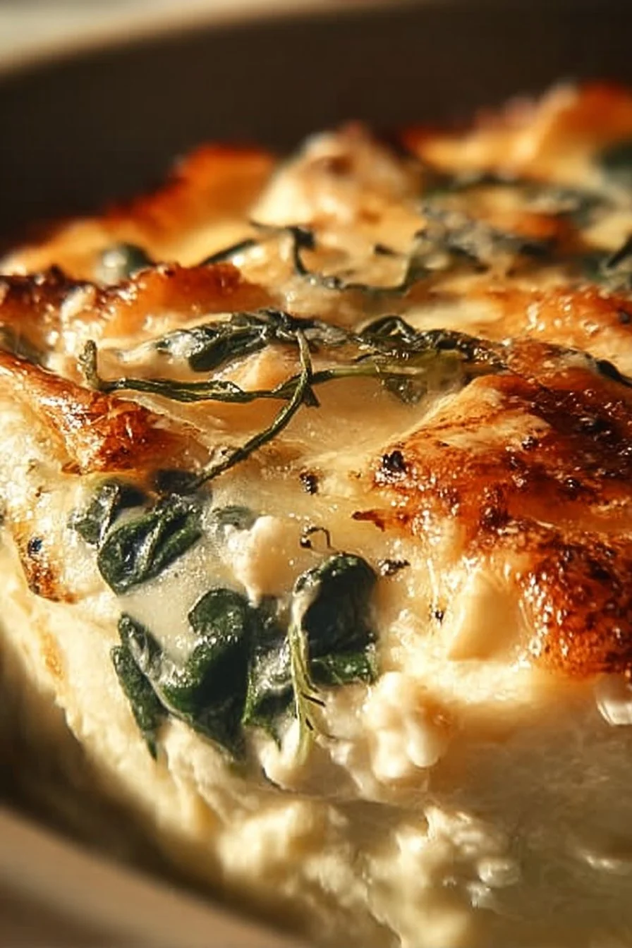 Creamy Chicken Spinach Casserole with cream cheese in a baking dish