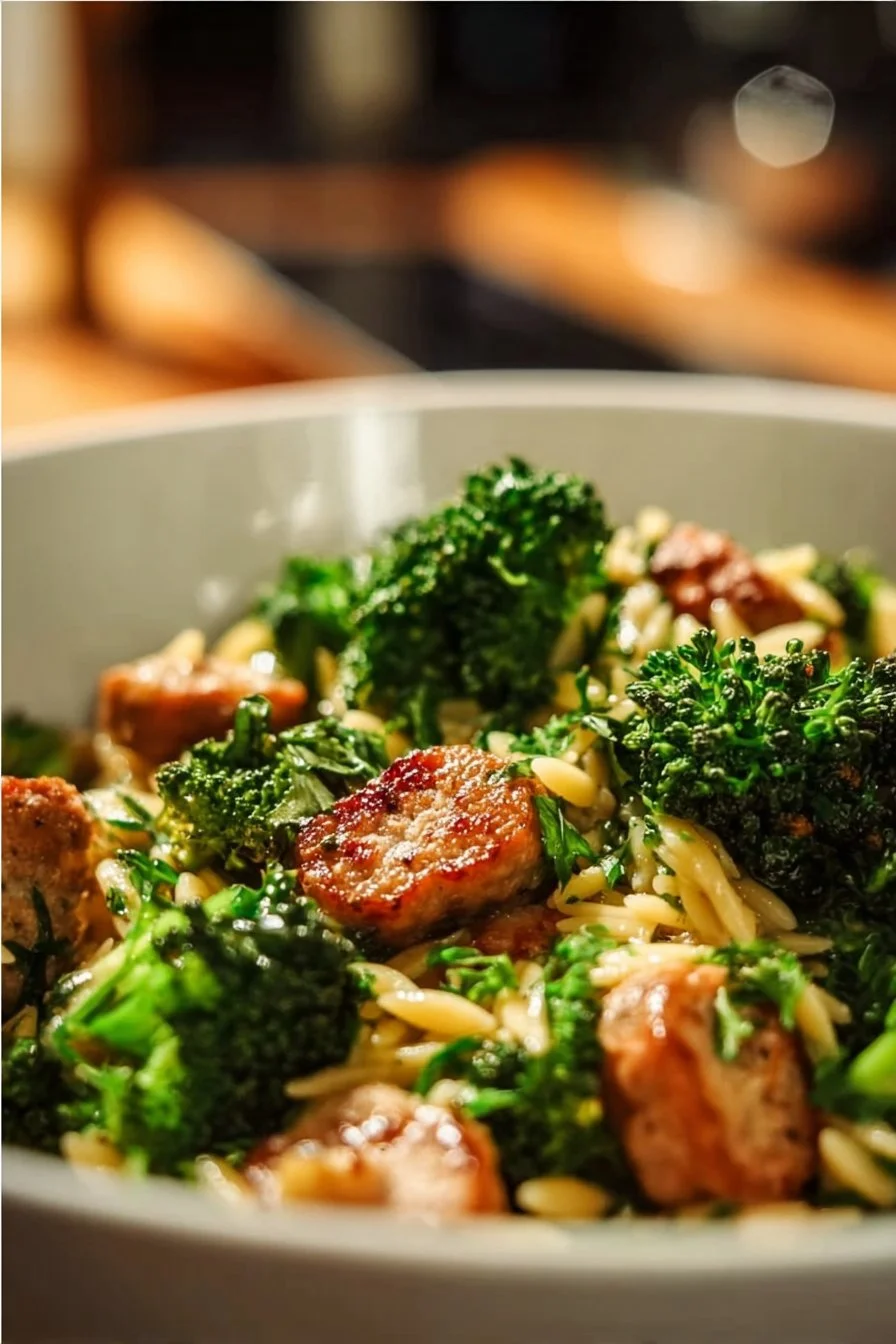 Delicious Chicken Sausage and Broccoli Orzo dish garnished and ready to serve