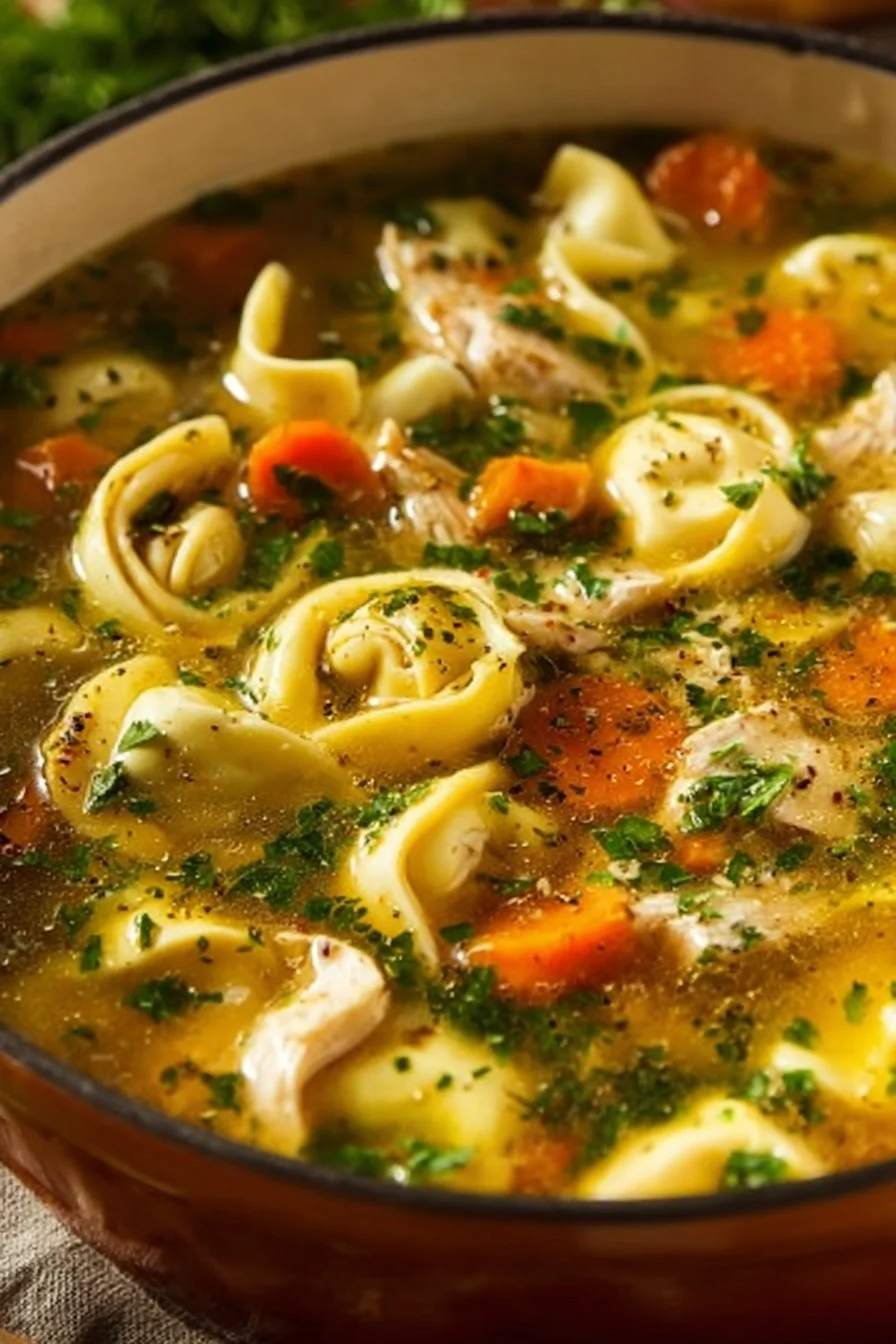 Bowl of homemade Chicken Tortellini Soup with fresh ingredients