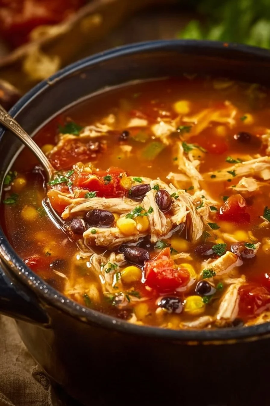 Bowl of flavorful Chicken Tortilla Soup topped with tortilla strips and cilantro