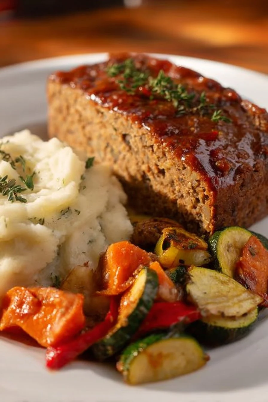 Delicious chickpea vegan meatloaf served on a plate with fresh herbs.