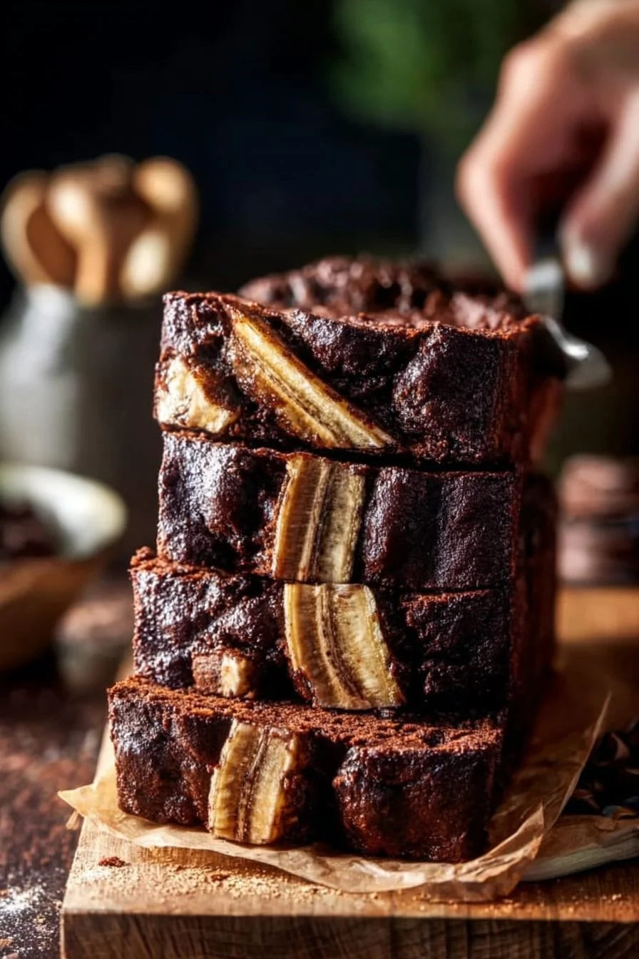 Sliced Chocolate Espresso Banana Bread with chocolate drizzles and coffee beans