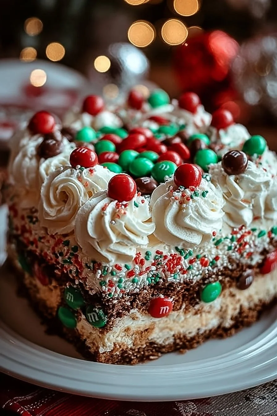 Delicious layers of Christmas Dessert Lasagna with festive toppings