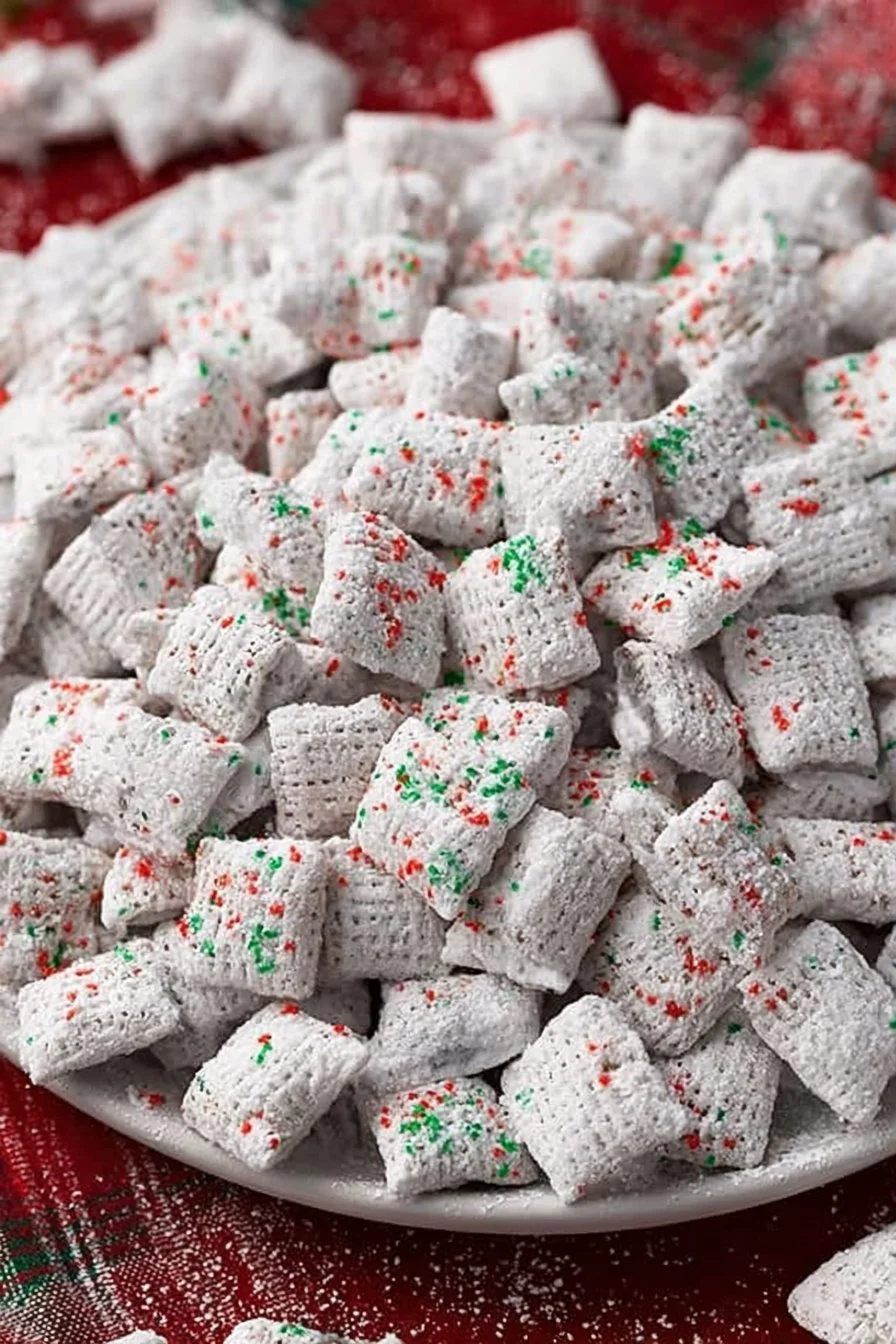 Delicious Christmas Puppy Chow served in a festive bowl