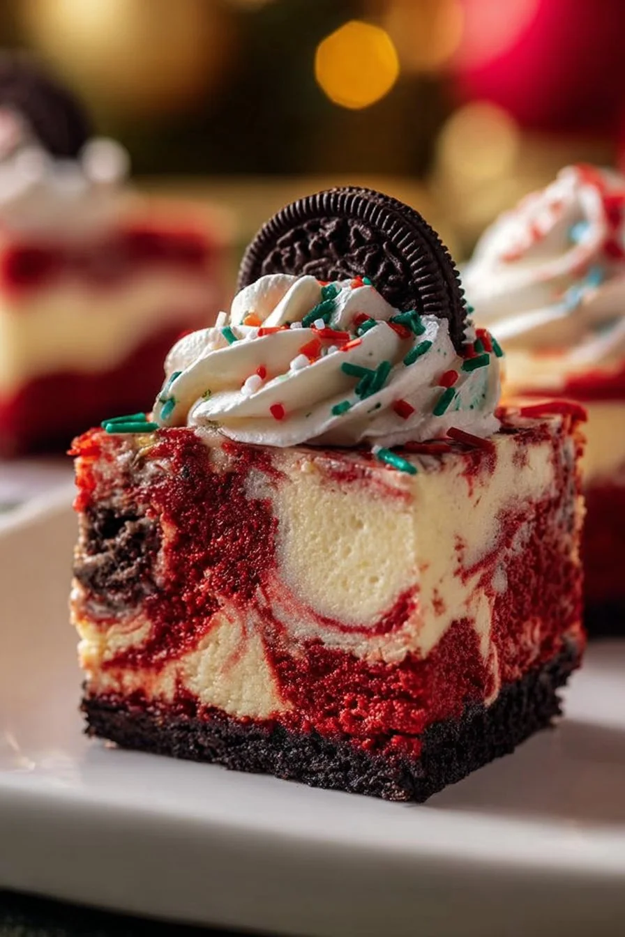 Christmas Red Velvet Cheesecake topped with white cream and festive decorations