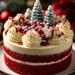 Slice of Christmas red velvet cheesecake topped with cream cheese frosting