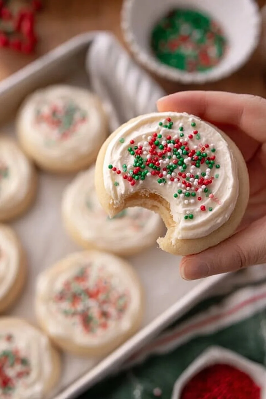 Delicious Christmas sugar cookies inspired by Crumbl recipe, decorated with icing.