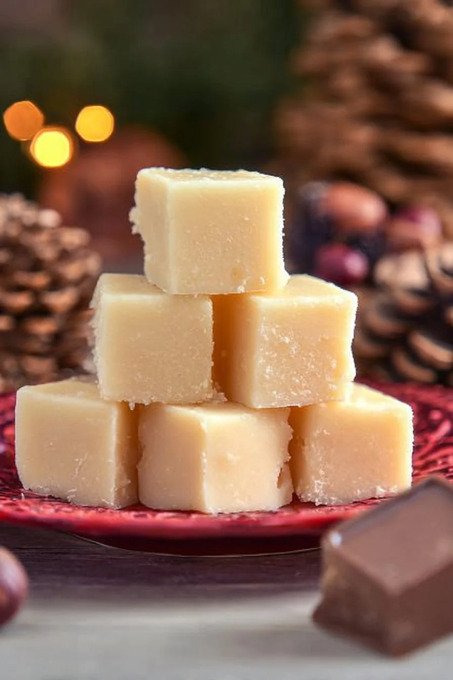 Delicious classic vanilla fudge squares on a wooden plate