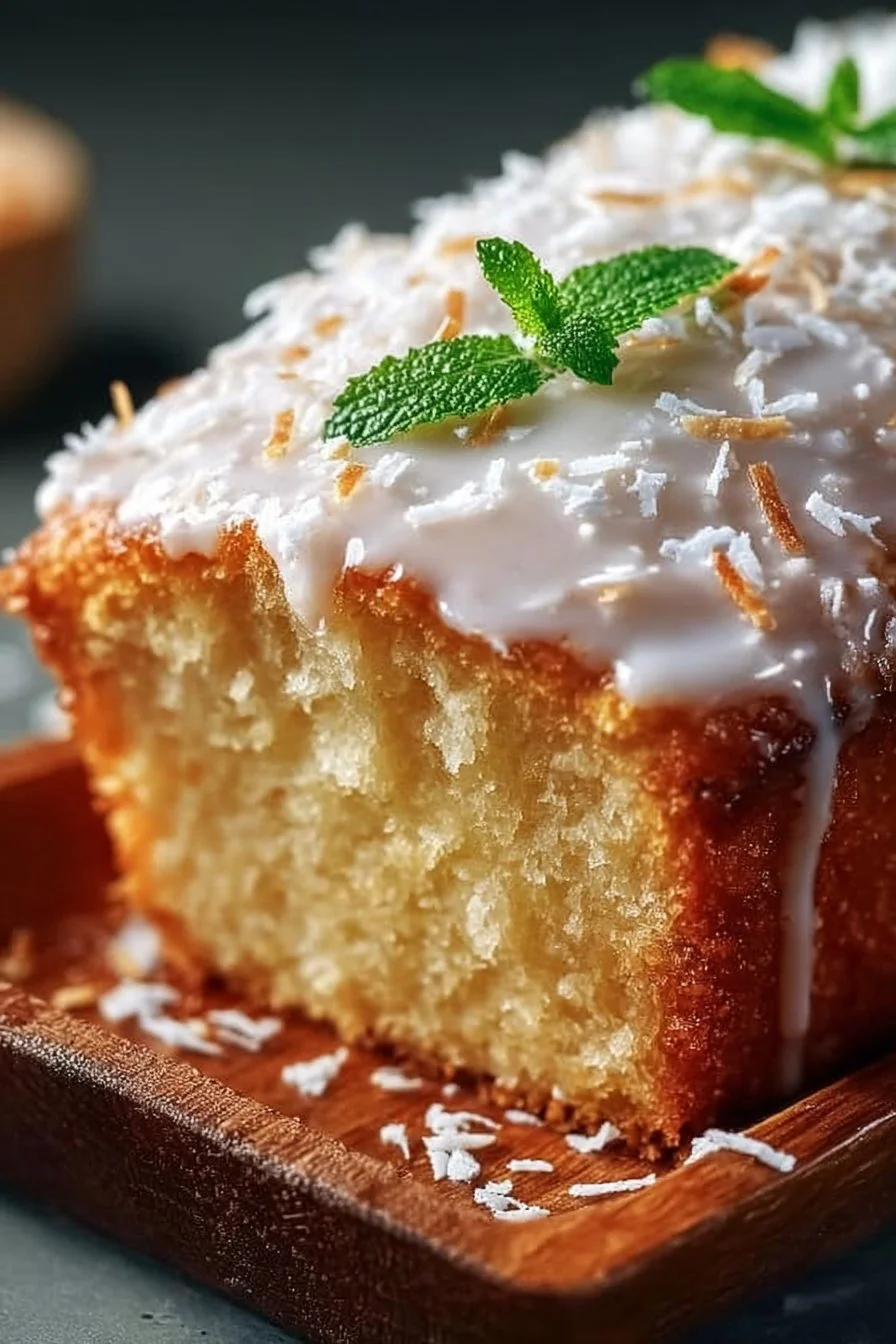 Deliciously moist coconut loaf cake served on a plate with tropical decorations