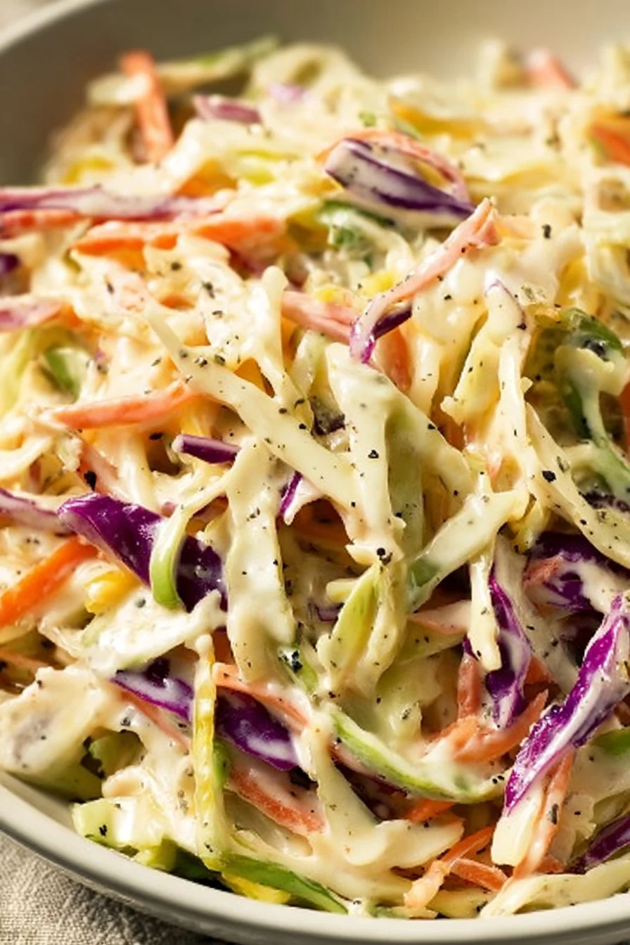 Bowl of fresh coleslaw with vibrant vegetables and creamy dressing
