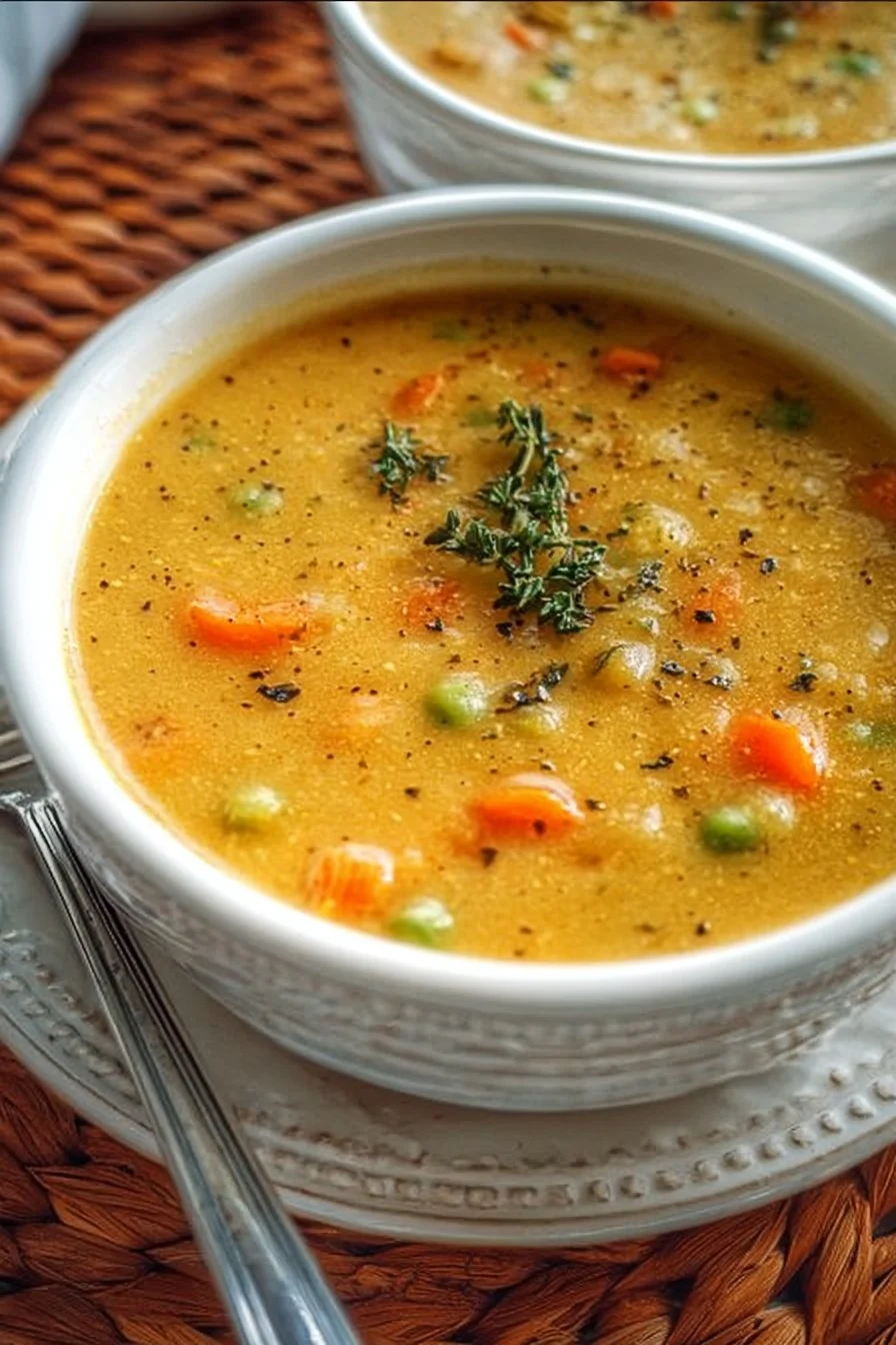 Bowl of comforting one-pot creamy vegetable soup with fresh vegetables