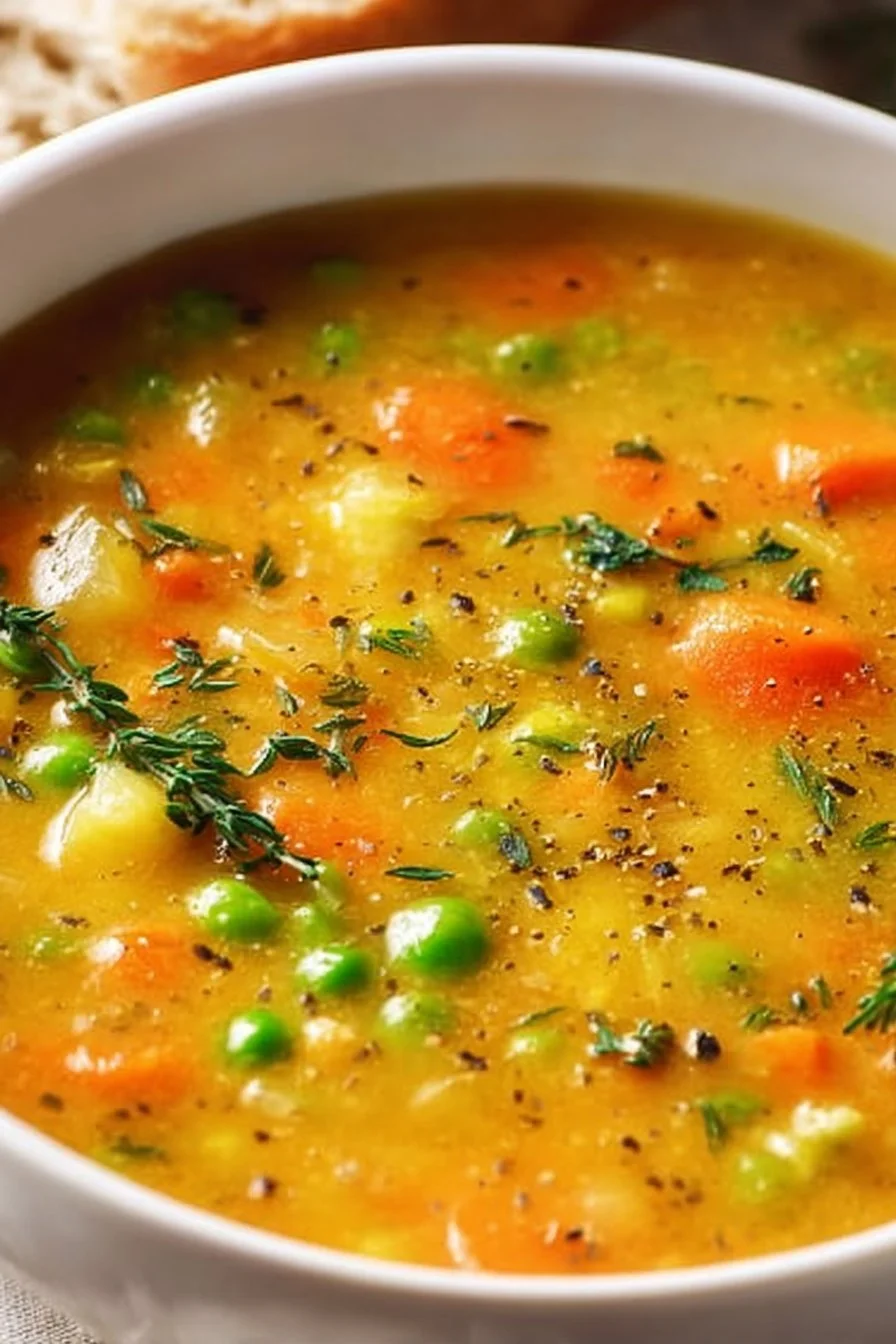 Bowl of comforting one-pot creamy vegetable soup with fresh vegetables