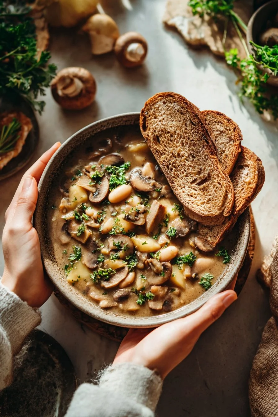 Cozy white bean and mushroom stew in a rustic bowl garnished with herbs