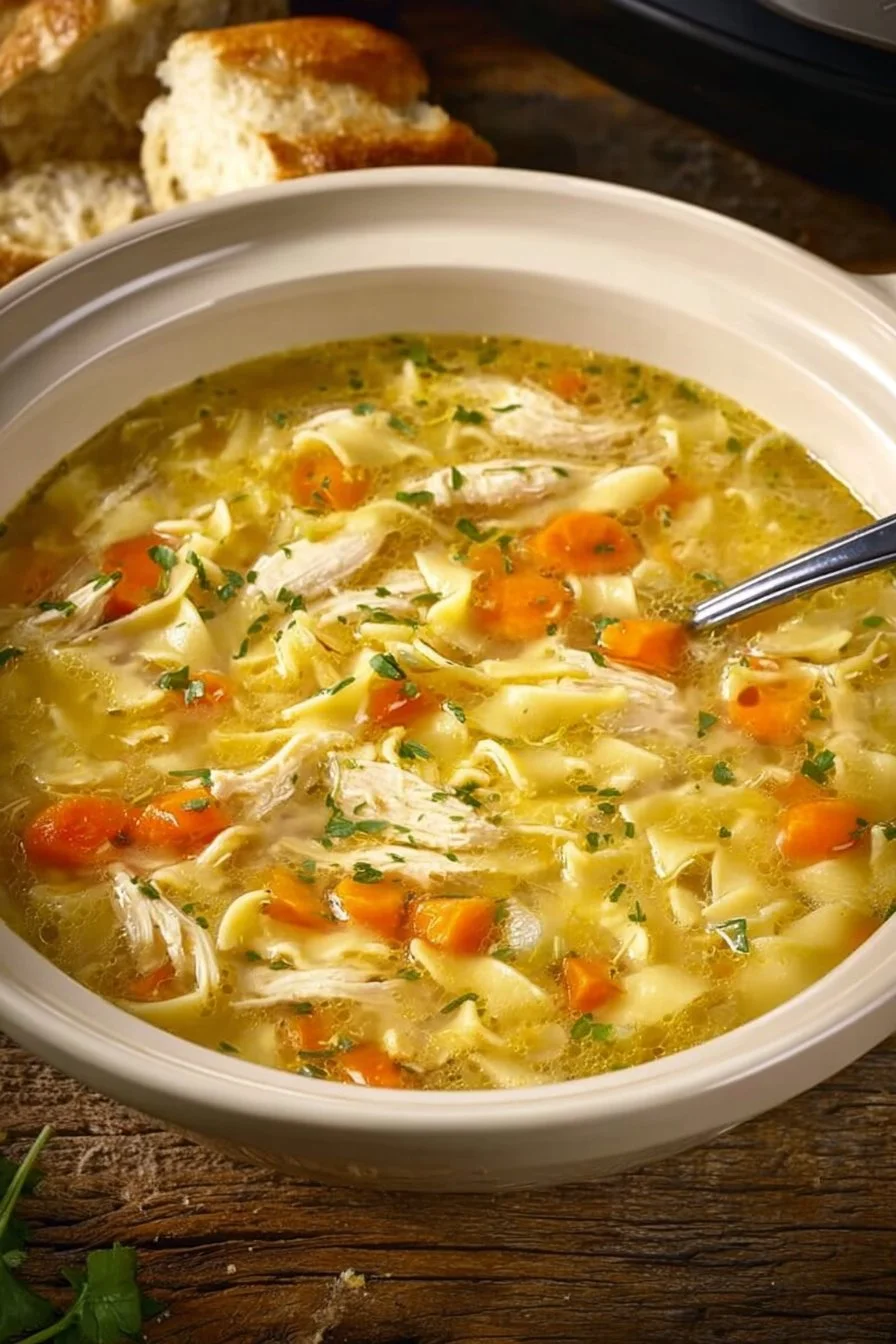 Bowl of creamy chicken noodle soup with vegetables and herbs