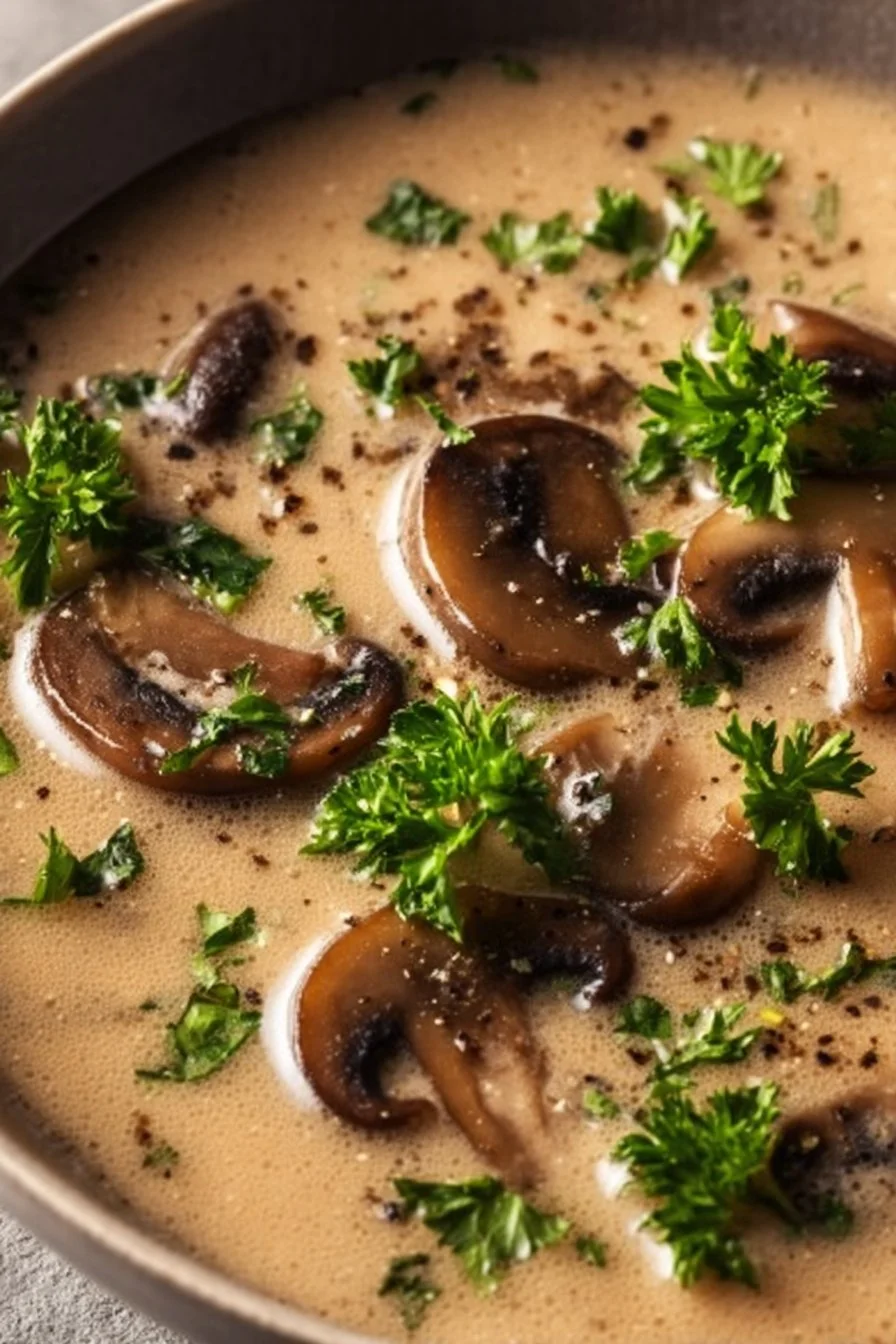 Bowl of creamy cottage cheese mushroom soup garnished with herbs