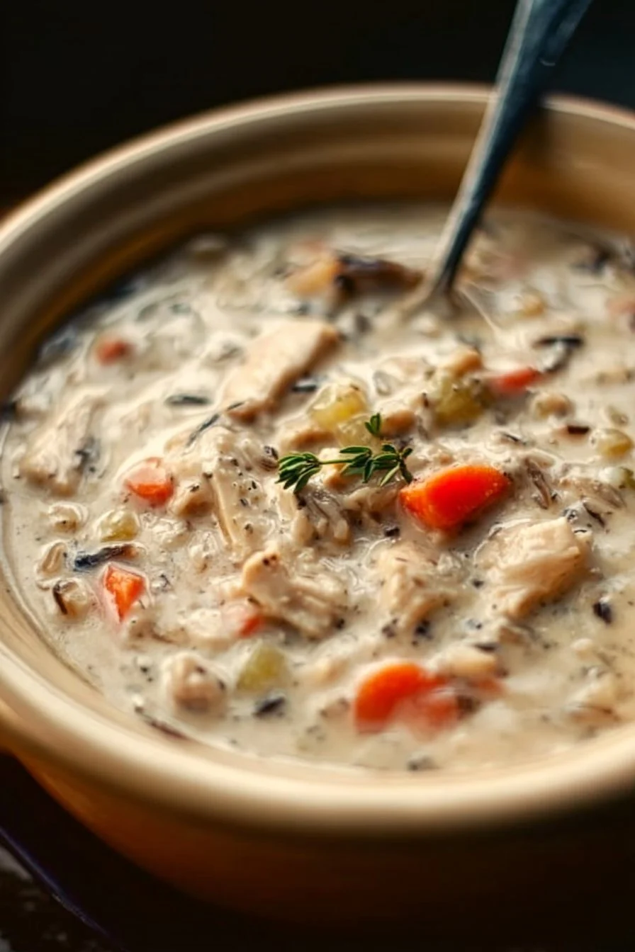 Creamy crockpot chicken wild rice soup in a bowl garnished with herbs