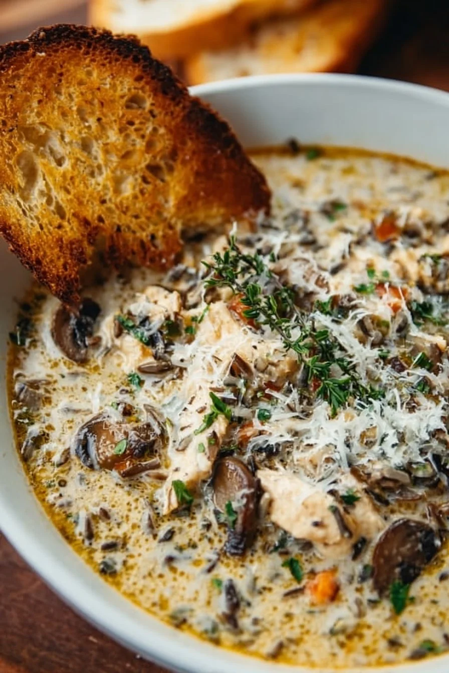 Bowl of creamy mushroom chicken and wild rice soup garnished with herbs