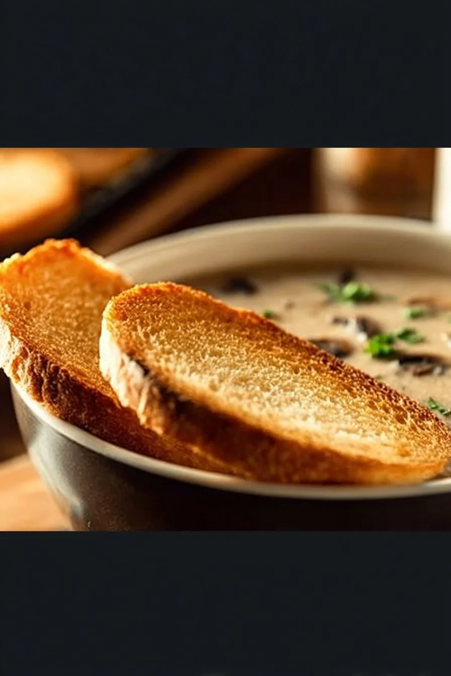 Creamy mushroom soup served in a bowl against a rustic wooden background