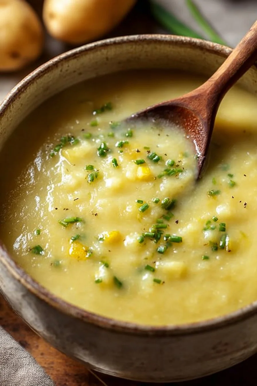 Bowl of creamy potato leek soup topped with herbs and fresh ingredients