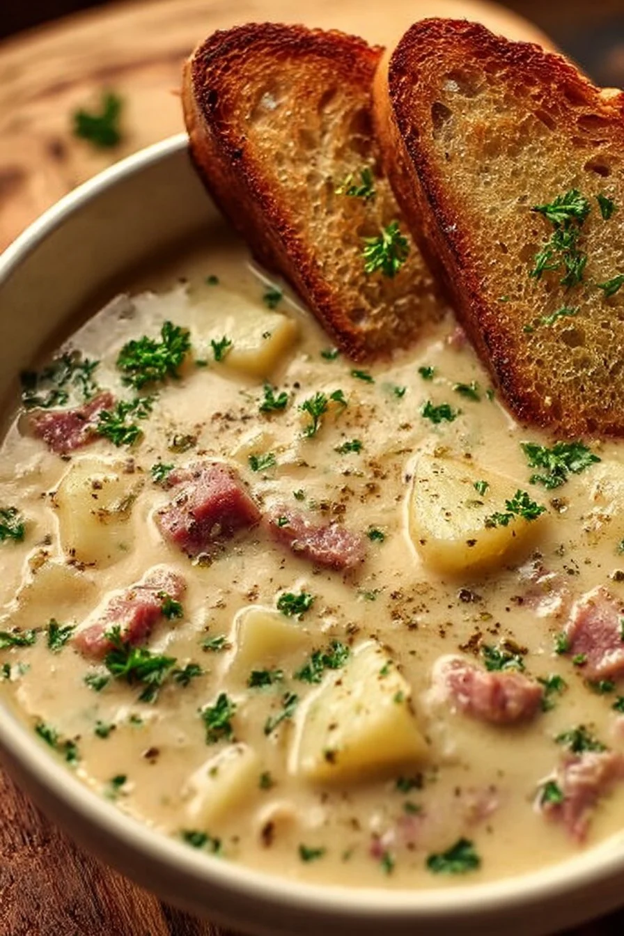 Bowl of creamy Reuben soup with corned beef, Sauerkraut, and cheese