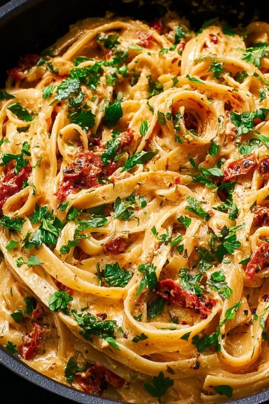 Creamy vegan sun-dried tomato pasta served in a bowl
