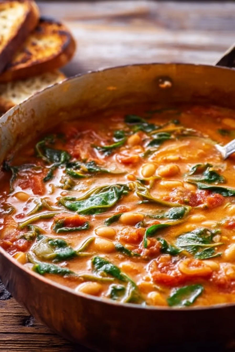 Creamy vegan tomato white bean stew in a bowl with fresh herbs