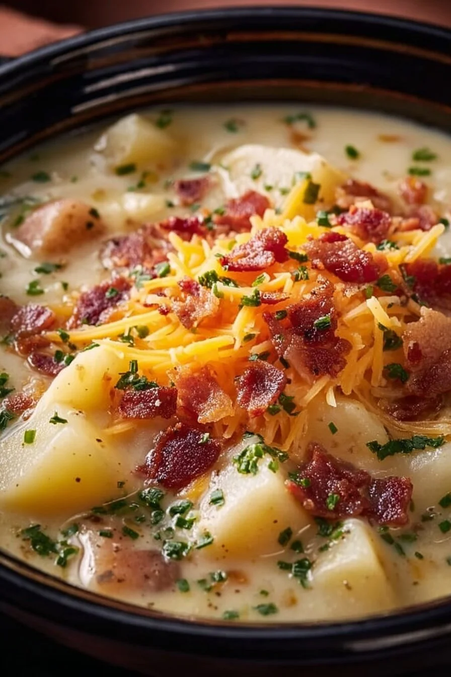 Bowl of Crock Pot Crack Potato Soup topped with green onions and cheese