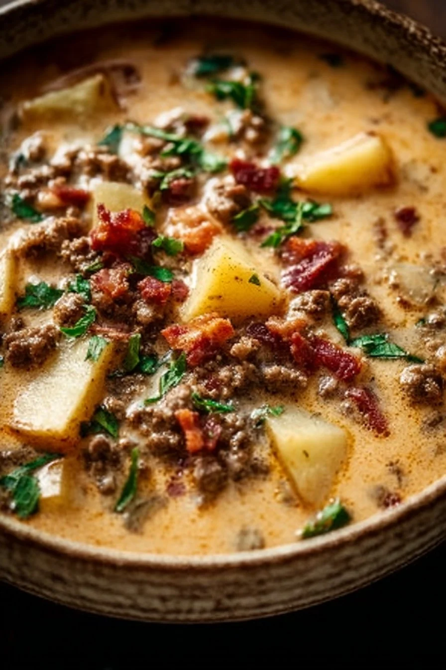 Bowl of delicious Crockpot cheeseburger soup garnished with fresh herbs