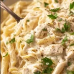 Delicious Crockpot Chicken Alfredo served with fresh herbs and garlic bread