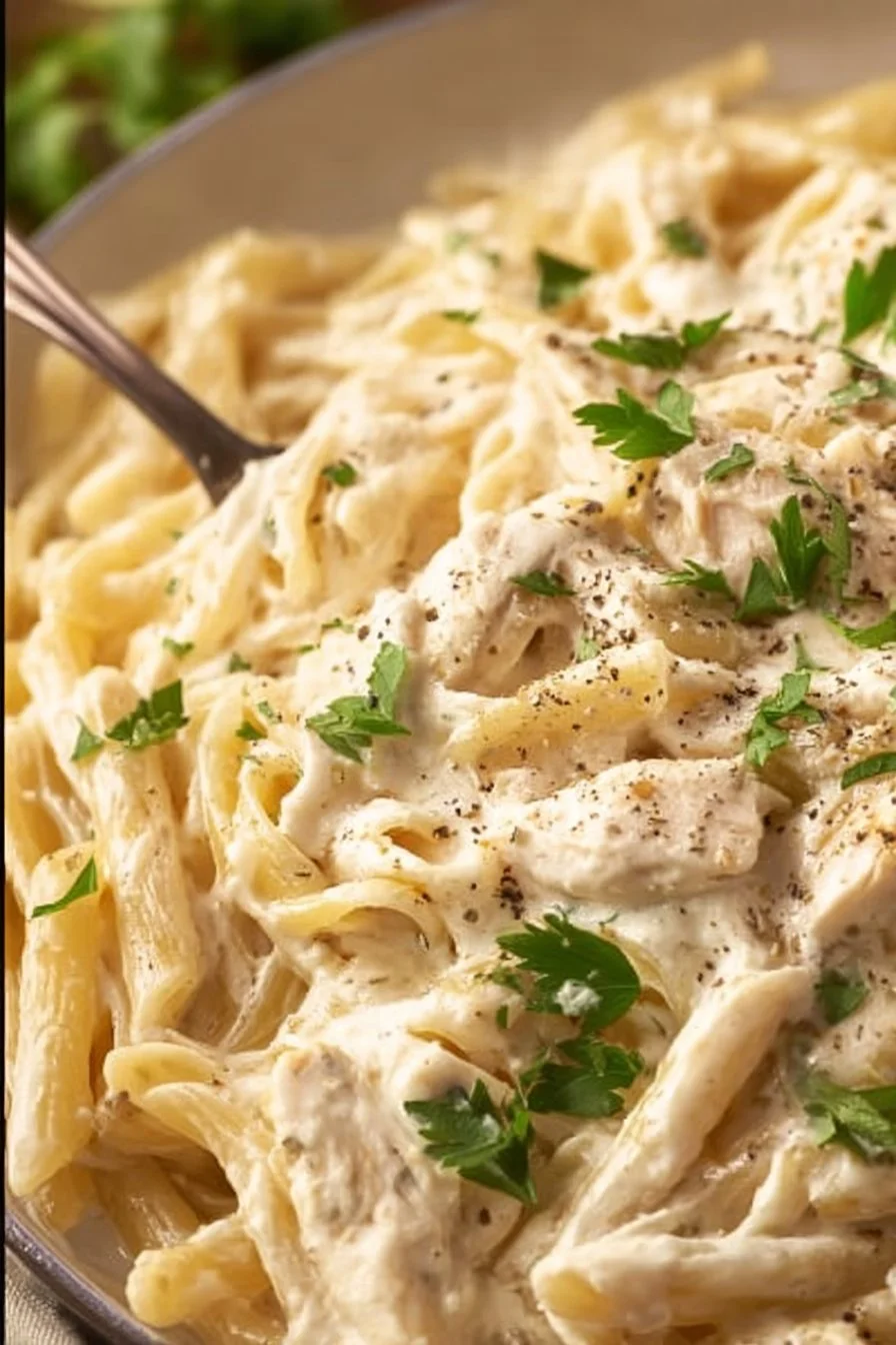 Delicious Crockpot Chicken Alfredo served with fresh herbs and garlic bread