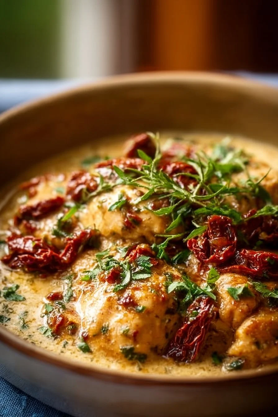 Crockpot Chicken with Sun-Dried Tomatoes on a plate, garnished with herbs