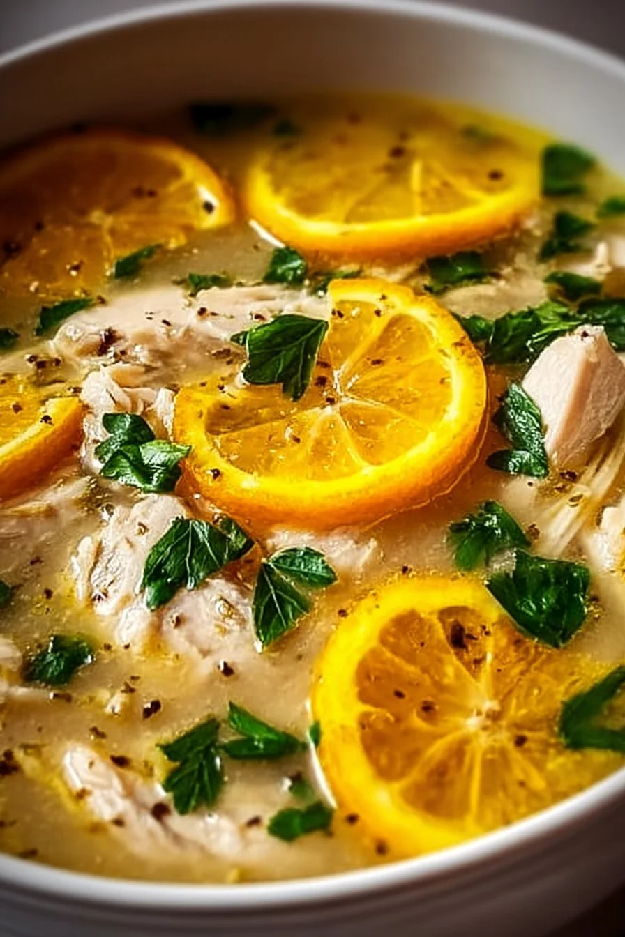 Bowl of delicious Crockpot Lemon Chicken Soup garnished with lemon and herbs.
