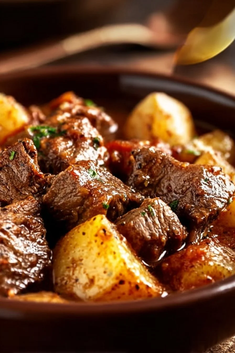 Crockpot Loaded Steak and Potato Bake with beef and potatoes