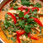 Bowl of Crockpot Thai Coconut Chicken Soup garnished with herbs.