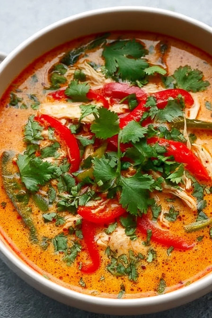 Bowl of Crockpot Thai Coconut Chicken Soup garnished with herbs.