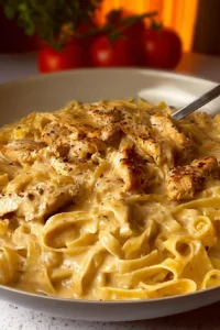 Delicious Dairy Free Chicken Alfredo served in a bowl with fresh herbs