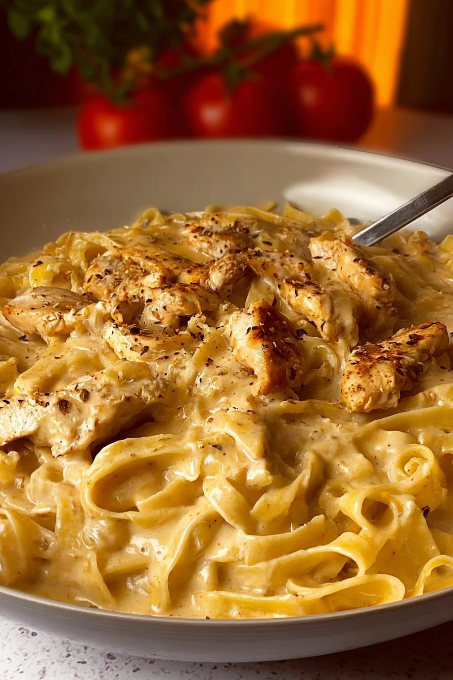 Delicious Dairy Free Chicken Alfredo served in a bowl with fresh herbs