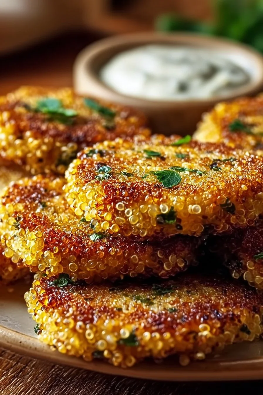Crunchy quinoa veggie patties served on a plate with veggies and dipping sauce